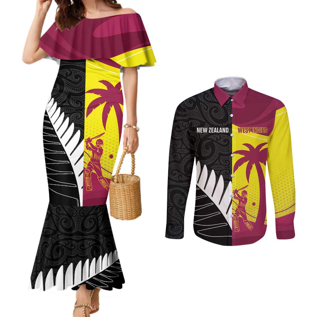 New Zealand and West Indies Cricket Custom Couples Matching Mermaid Dress and Long Sleeve Button Shirt Black Cap Windies Together LT14 Black - Polynesian Pride
