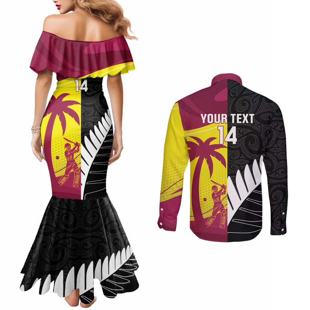 New Zealand and West Indies Cricket Custom Couples Matching Mermaid Dress and Long Sleeve Button Shirt Black Cap Windies Together LT14 - Polynesian Pride