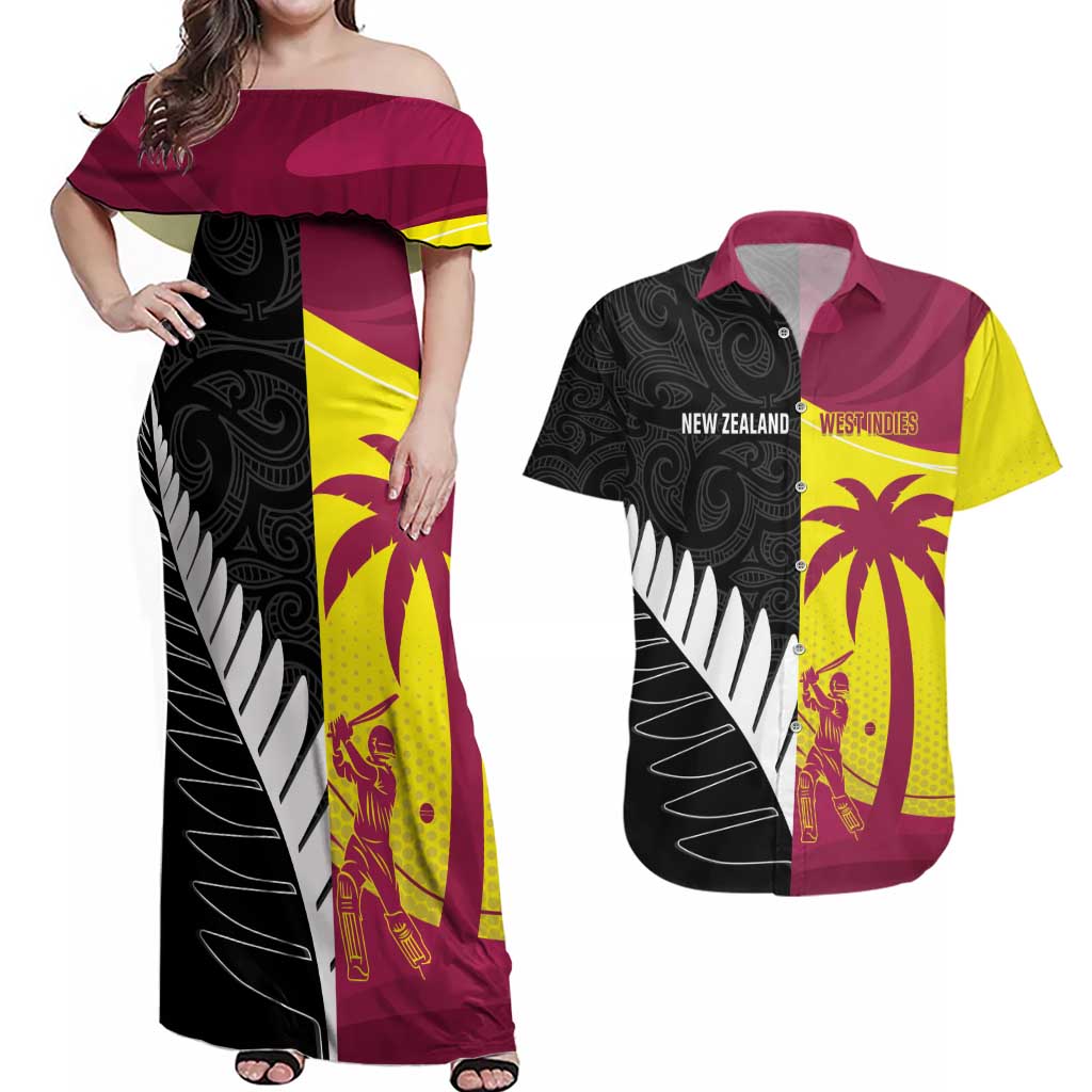 New Zealand and West Indies Cricket Custom Couples Matching Off Shoulder Maxi Dress and Hawaiian Shirt Black Cap Windies Together LT14 Black - Polynesian Pride
