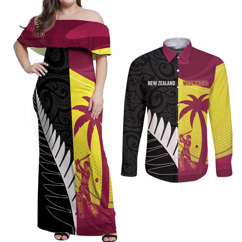 New Zealand and West Indies Cricket Custom Couples Matching Off Shoulder Maxi Dress and Long Sleeve Button Shirt Black Cap Windies Together LT14 Black - Polynesian Pride