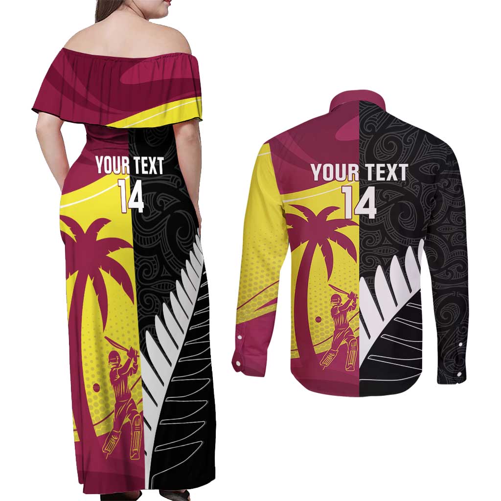 New Zealand and West Indies Cricket Custom Couples Matching Off Shoulder Maxi Dress and Long Sleeve Button Shirt Black Cap Windies Together LT14 - Polynesian Pride