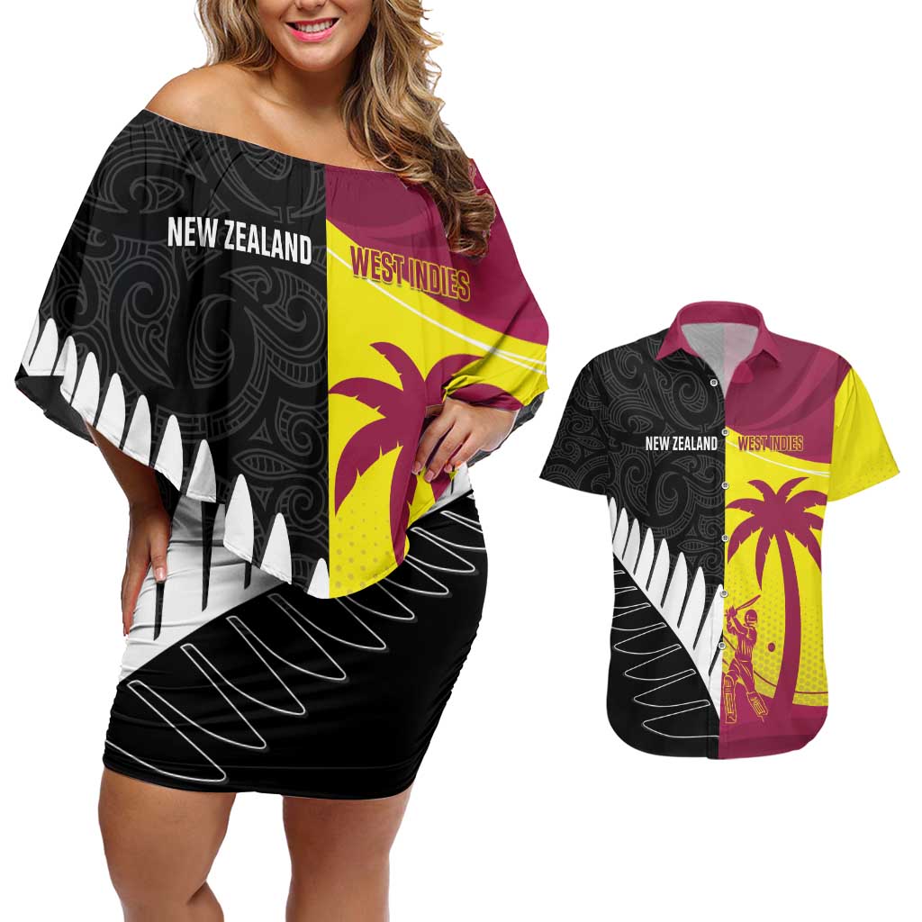 New Zealand and West Indies Cricket Custom Couples Matching Off Shoulder Short Dress and Hawaiian Shirt Black Cap Windies Together LT14 Black - Polynesian Pride