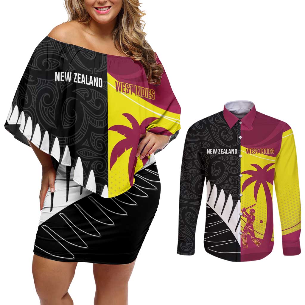 New Zealand and West Indies Cricket Custom Couples Matching Off Shoulder Short Dress and Long Sleeve Button Shirt Black Cap Windies Together LT14 Black - Polynesian Pride