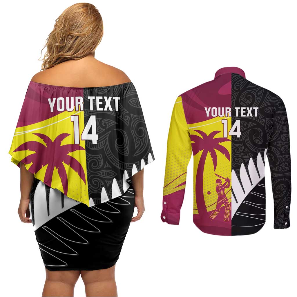 New Zealand and West Indies Cricket Custom Couples Matching Off Shoulder Short Dress and Long Sleeve Button Shirt Black Cap Windies Together LT14 - Polynesian Pride