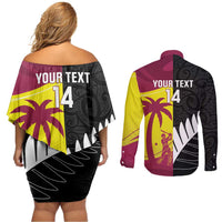 New Zealand and West Indies Cricket Custom Couples Matching Off Shoulder Short Dress and Long Sleeve Button Shirt Black Cap Windies Together LT14 - Polynesian Pride