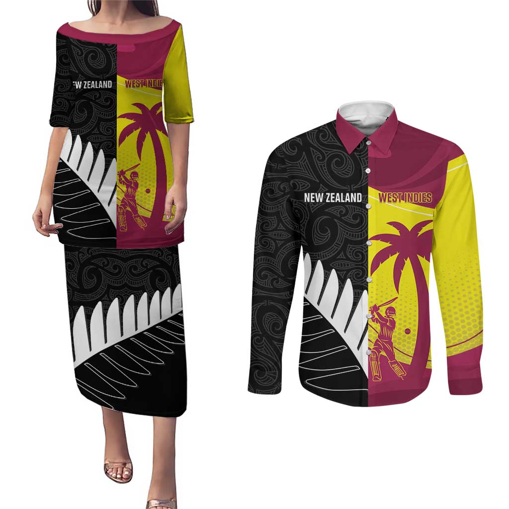 New Zealand and West Indies Cricket Custom Couples Matching Puletasi and Long Sleeve Button Shirt Black Cap Windies Together - Polynesian Pride