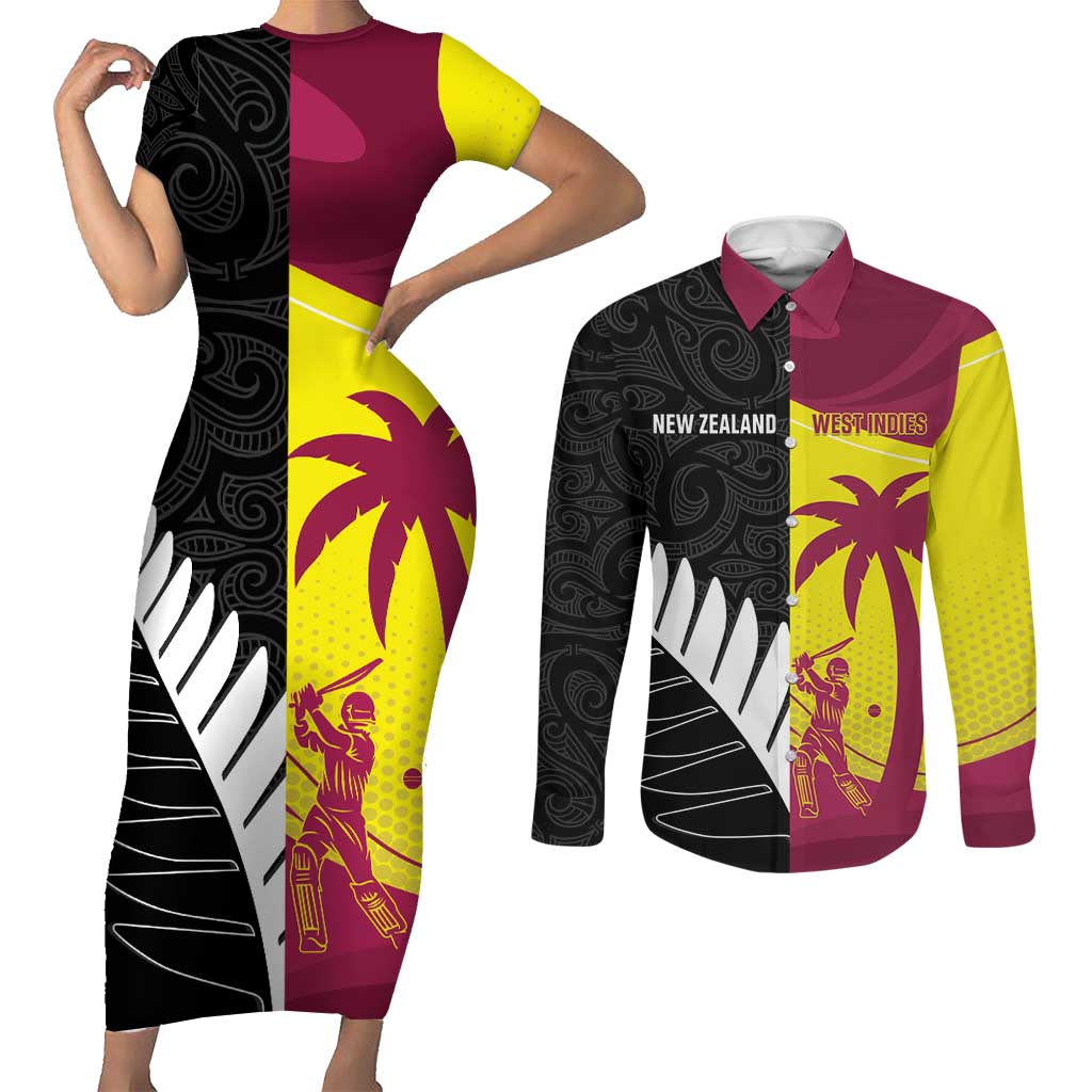 New Zealand and West Indies Cricket Custom Couples Matching Short Sleeve Bodycon Dress and Long Sleeve Button Shirt Black Cap Windies Together - Polynesian Pride