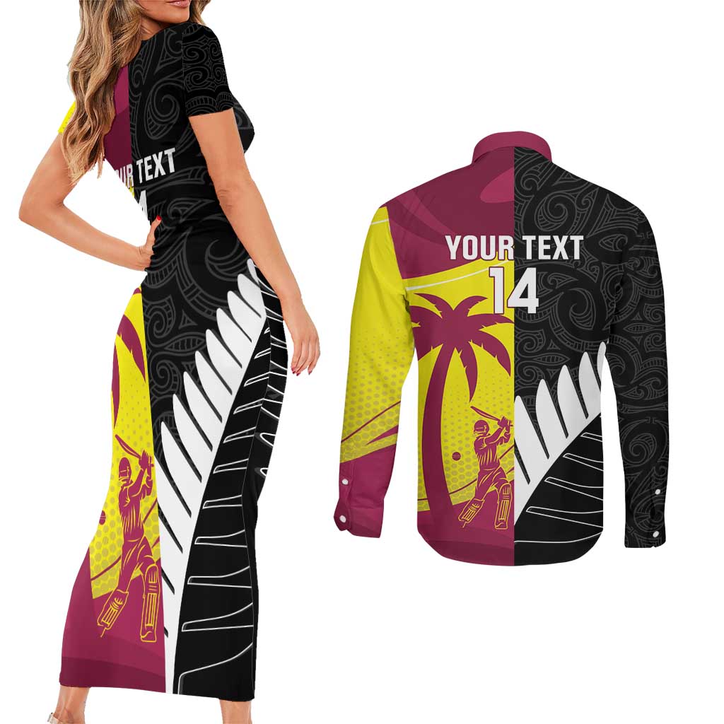 New Zealand and West Indies Cricket Custom Couples Matching Short Sleeve Bodycon Dress and Long Sleeve Button Shirt Black Cap Windies Together LT14 - Polynesian Pride