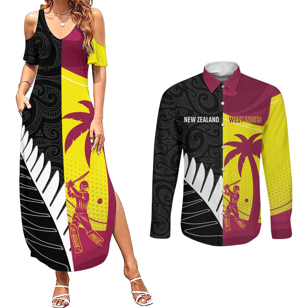 New Zealand and West Indies Cricket Custom Couples Matching Summer Maxi Dress and Long Sleeve Button Shirt Black Cap Windies Together - Polynesian Pride