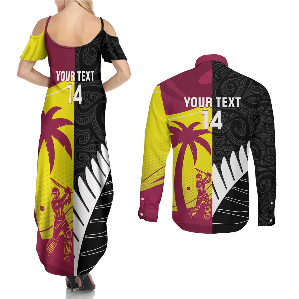New Zealand and West Indies Cricket Custom Couples Matching Summer Maxi Dress and Long Sleeve Button Shirt Black Cap Windies Together LT14 - Polynesian Pride