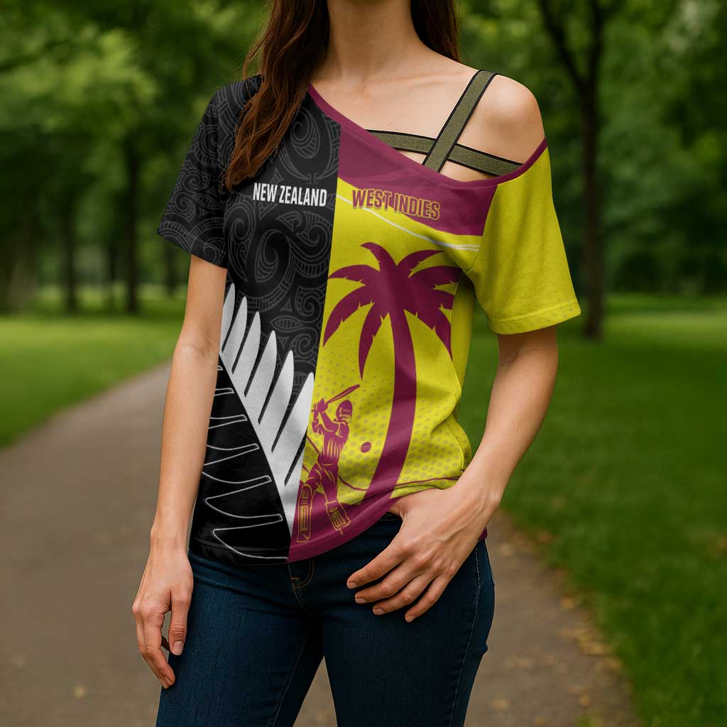 New Zealand and West Indies Cricket Custom Cross Shoulder Shirt Black Cap Windies Together - Polynesian Pride
