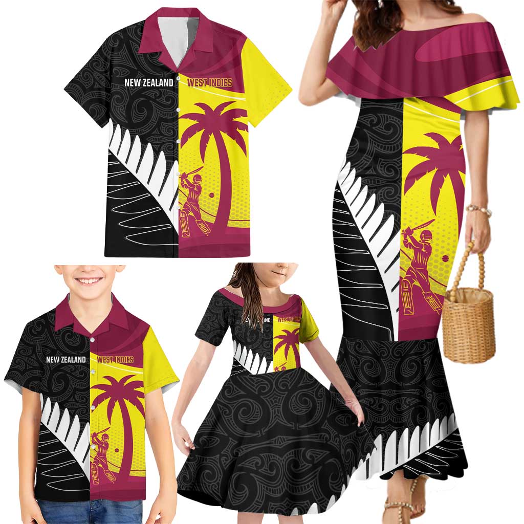 New Zealand and West Indies Cricket Custom Family Matching Mermaid Dress and Hawaiian Shirt Black Cap Windies Together - Polynesian Pride