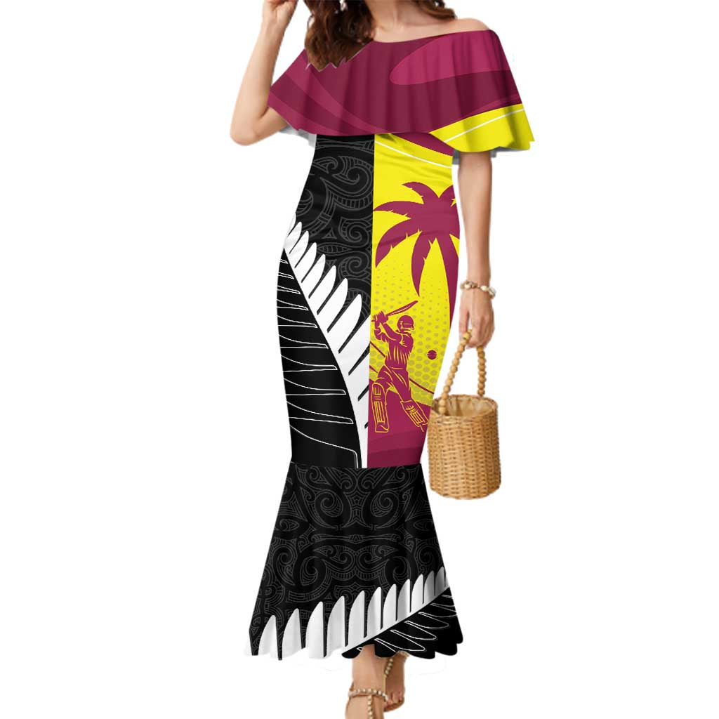 New Zealand and West Indies Cricket Custom Family Matching Mermaid Dress and Hawaiian Shirt Black Cap Windies Together LT14 Mom's Dress Black - Polynesian Pride