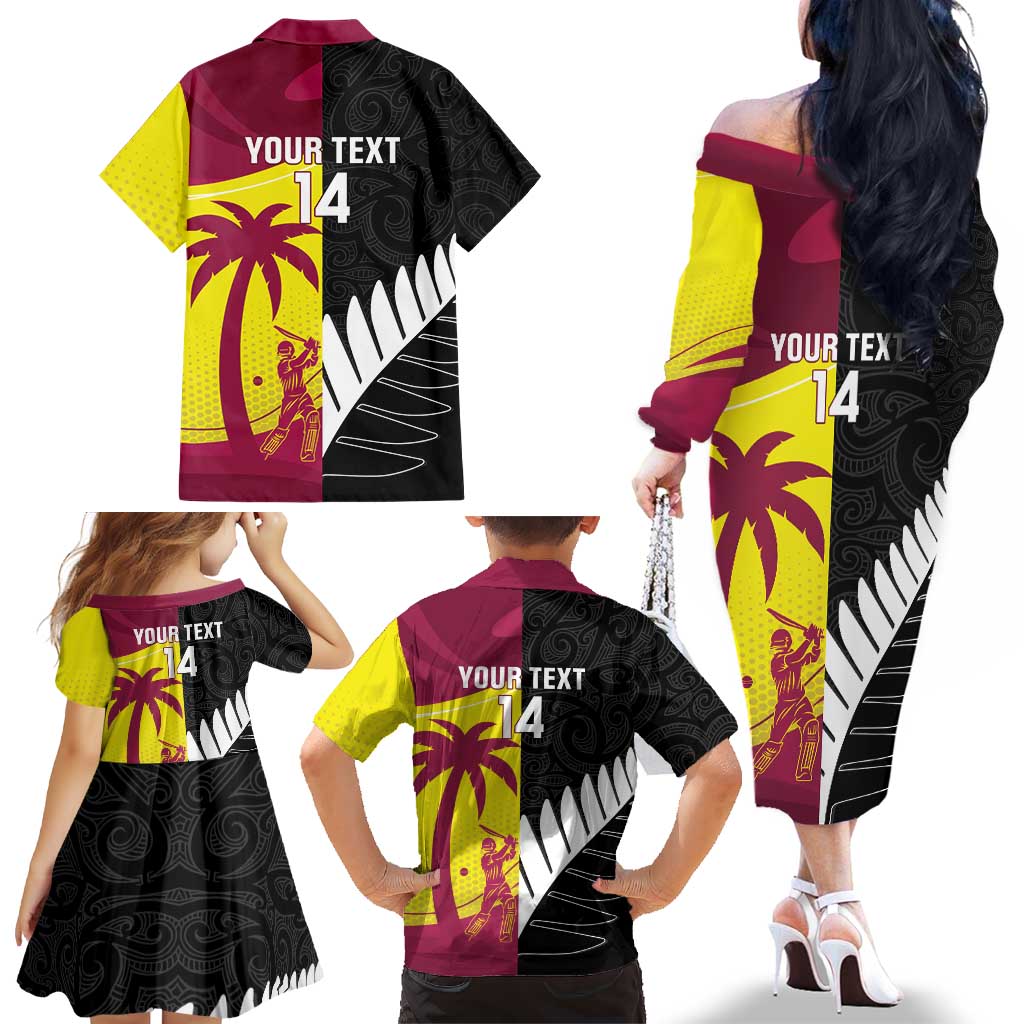 New Zealand and West Indies Cricket Custom Family Matching Off The Shoulder Long Sleeve Dress and Hawaiian Shirt Black Cap Windies Together LT14 - Polynesian Pride