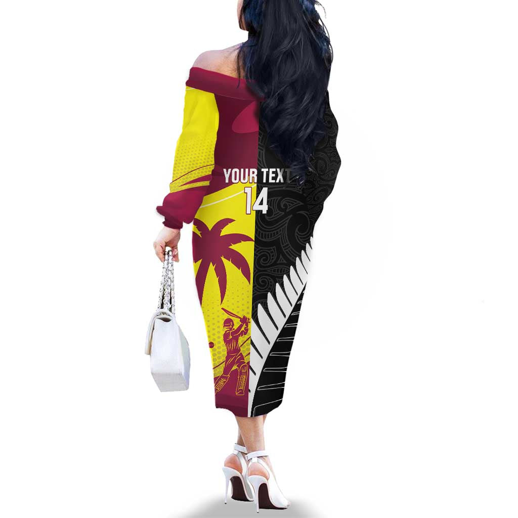 New Zealand and West Indies Cricket Custom Family Matching Off The Shoulder Long Sleeve Dress and Hawaiian Shirt Black Cap Windies Together LT14 - Polynesian Pride