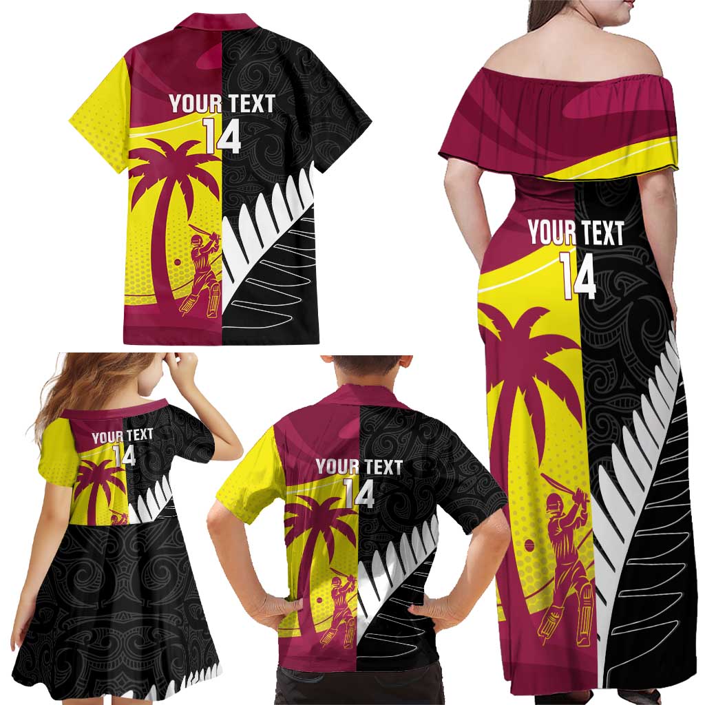 New Zealand and West Indies Cricket Custom Family Matching Off Shoulder Maxi Dress and Hawaiian Shirt Black Cap Windies Together LT14 - Polynesian Pride