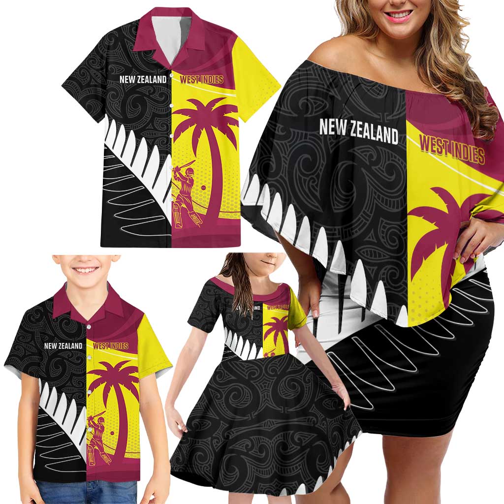 New Zealand and West Indies Cricket Custom Family Matching Off Shoulder Short Dress and Hawaiian Shirt Black Cap Windies Together LT14 - Polynesian Pride