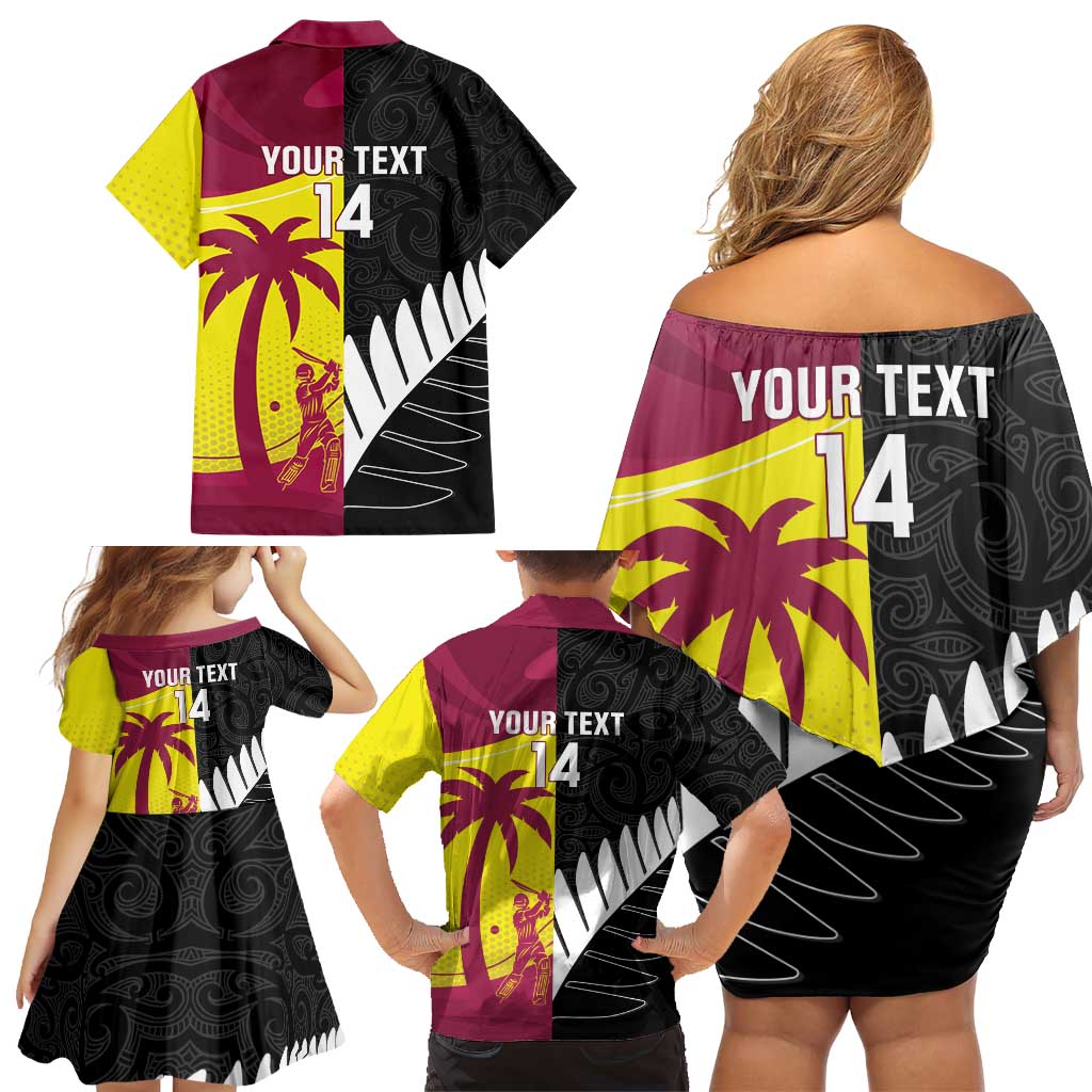 New Zealand and West Indies Cricket Custom Family Matching Off Shoulder Short Dress and Hawaiian Shirt Black Cap Windies Together LT14 - Polynesian Pride