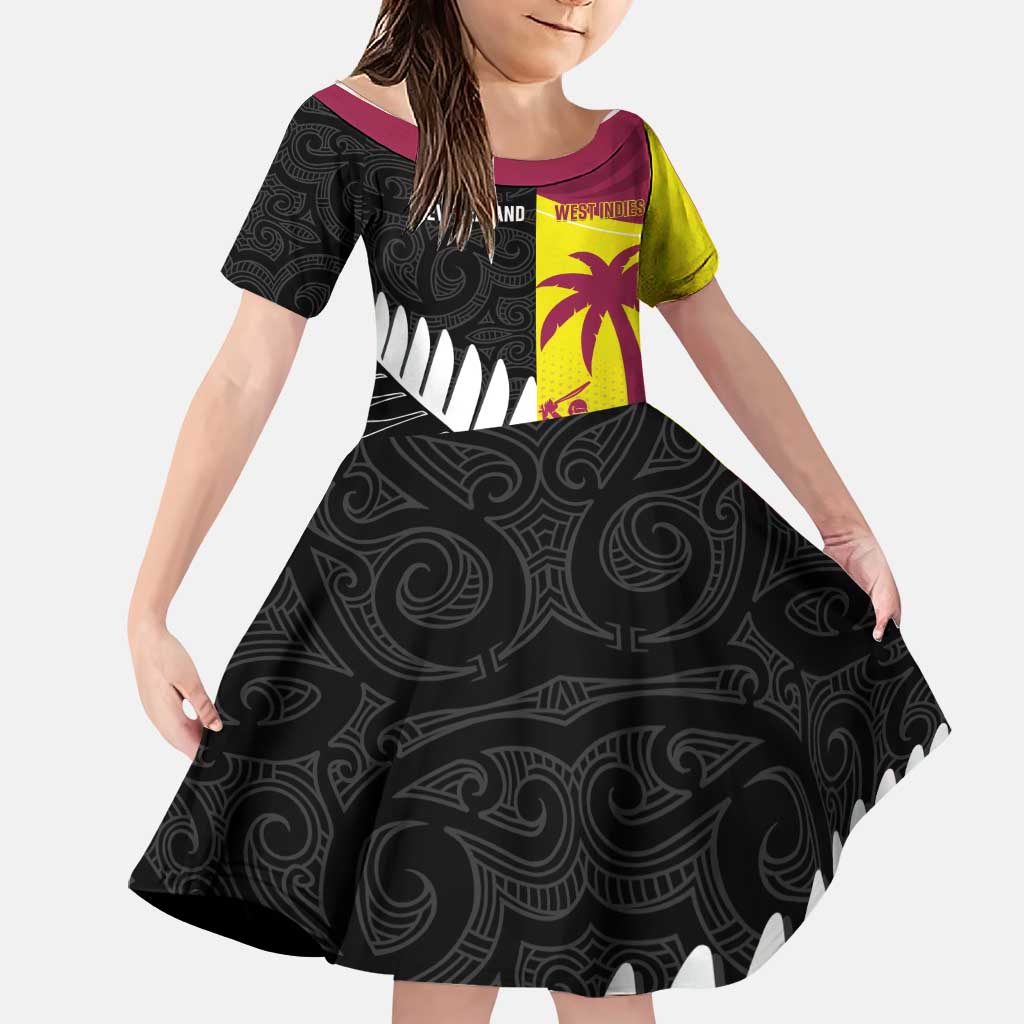 New Zealand and West Indies Cricket Custom Family Matching Puletasi and Hawaiian Shirt Black Cap Windies Together LT14 Daughter's Dress Black - Polynesian Pride