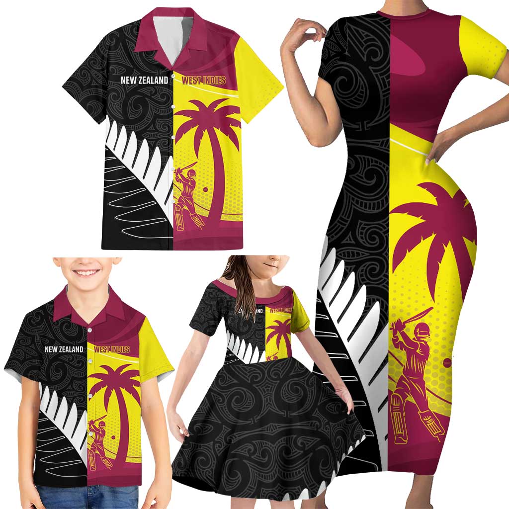 New Zealand and West Indies Cricket Custom Family Matching Short Sleeve Bodycon Dress and Hawaiian Shirt Black Cap Windies Together LT14 - Polynesian Pride