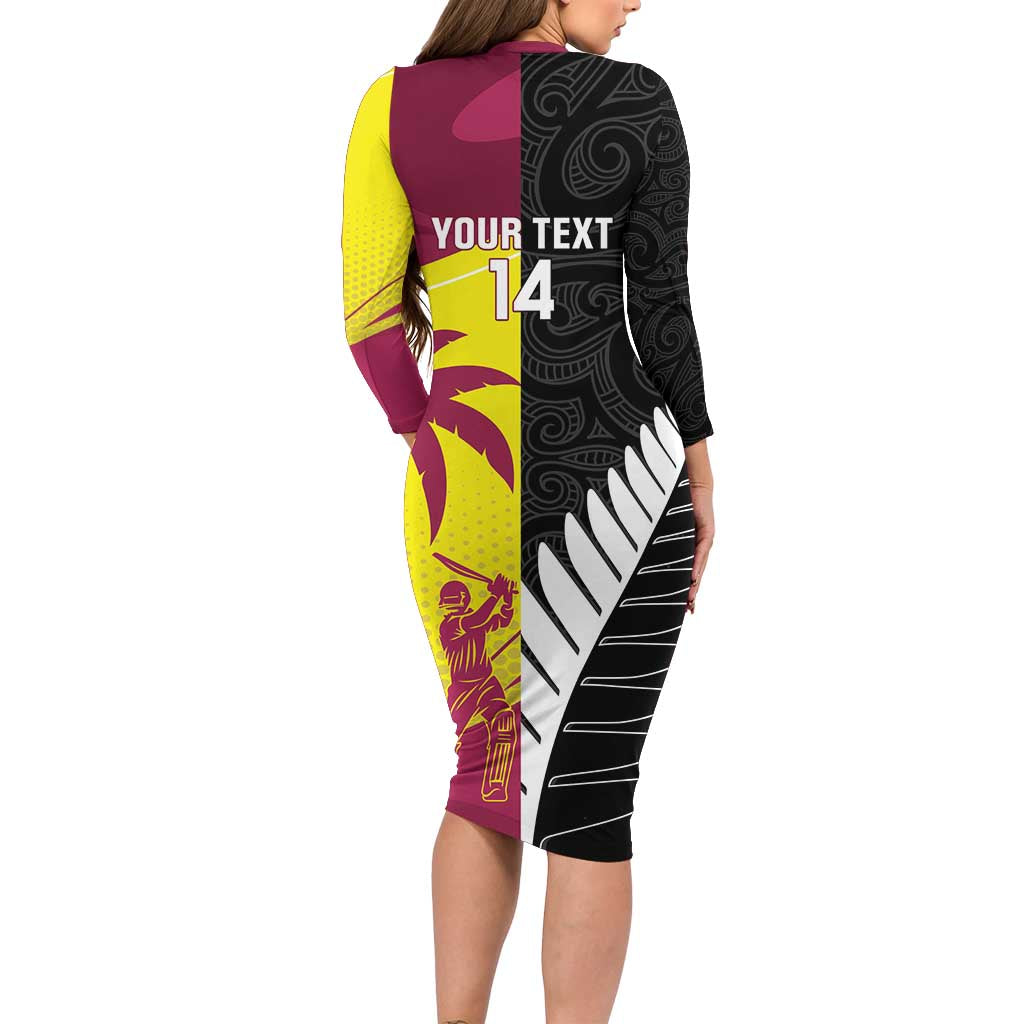New Zealand and West Indies Cricket Custom Long Sleeve Bodycon Dress Black Cap Windies Together LT14 - Polynesian Pride