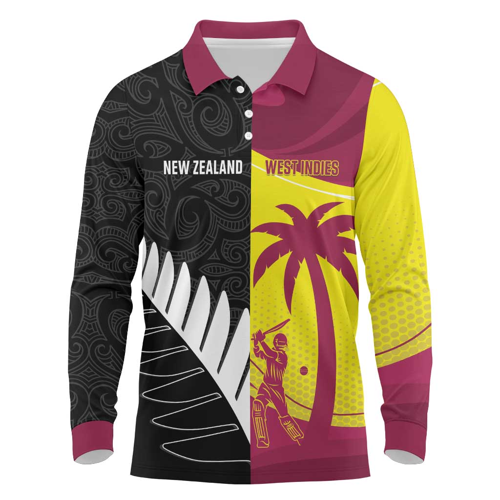 New Zealand and West Indies Cricket Custom Long Sleeve Polo Shirt Black Cap Windies Together LT14 Black - Polynesian Pride