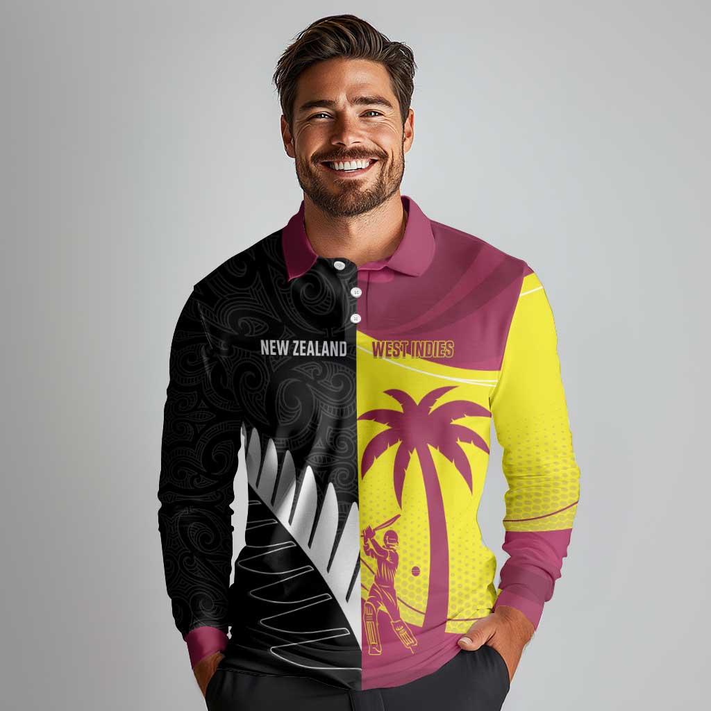 New Zealand and West Indies Cricket Custom Long Sleeve Polo Shirt Black Cap Windies Together LT14 - Polynesian Pride