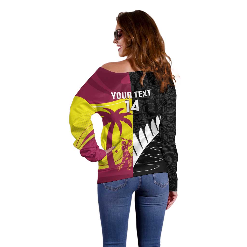 New Zealand and West Indies Cricket Custom Off Shoulder Sweater Black Cap Windies Together - Polynesian Pride