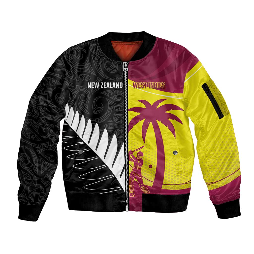 New Zealand and West Indies Cricket Custom Sleeve Zip Bomber Jacket Black Cap Windies Together LT14 Unisex Black - Polynesian Pride
