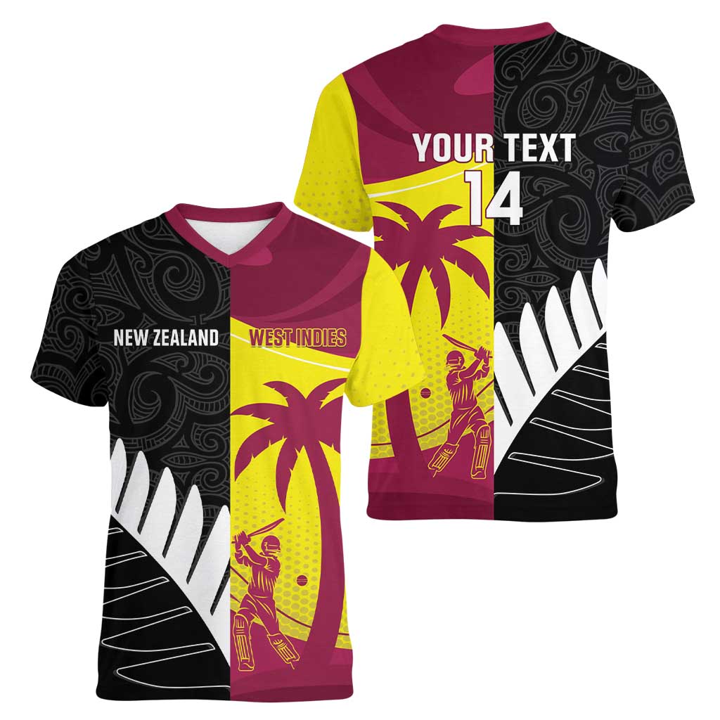 New Zealand and West Indies Cricket Custom Women V-Neck T-Shirt Black Cap Windies Together LT14 - Polynesian Pride