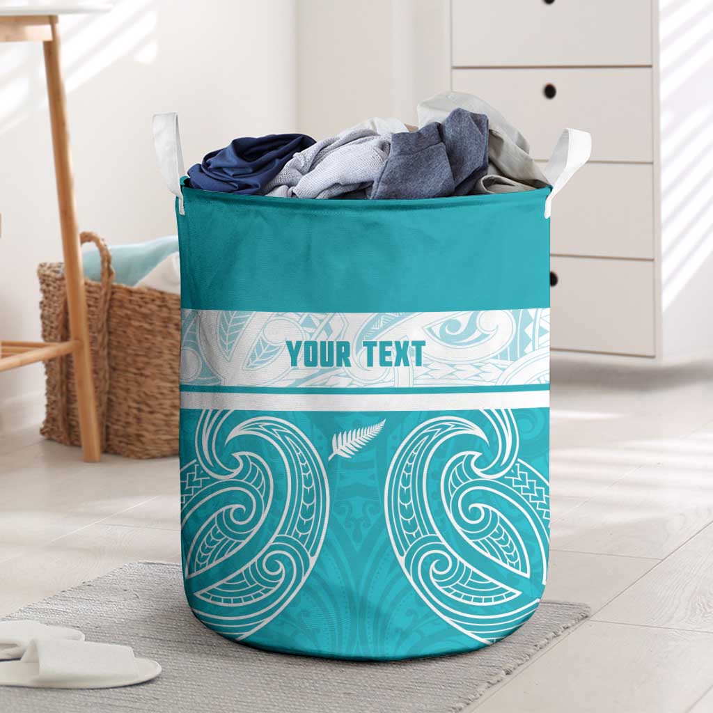 New Zealand Silver Fern Cricket Custom Laundry Basket Black Cap Teal Maori Pattern - Polynesian Pride