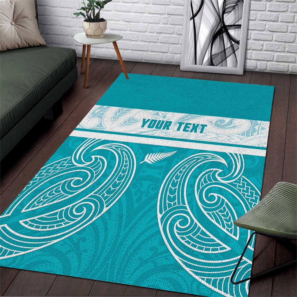 New Zealand Silver Fern Cricket Custom Area Rug Black Cap Teal Maori Pattern - Polynesian Pride