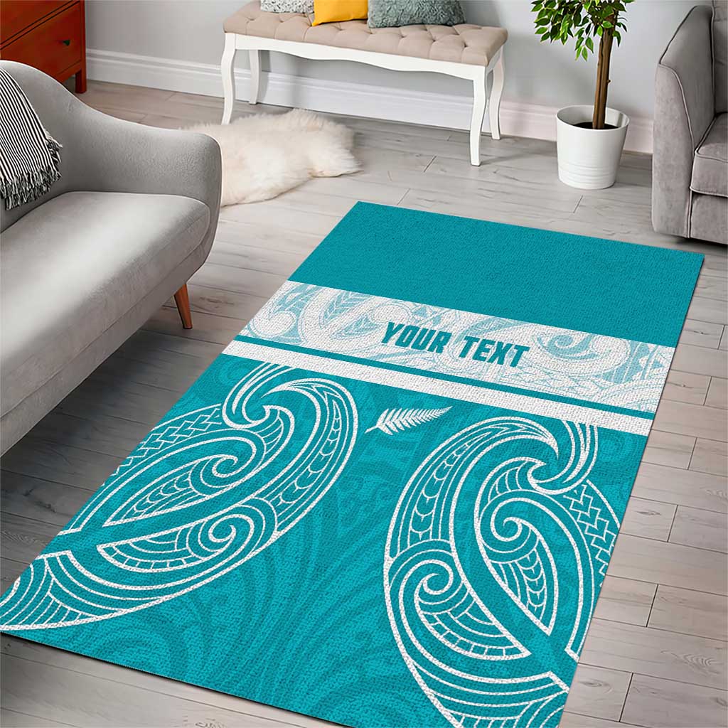 New Zealand Silver Fern Cricket Custom Area Rug Black Cap Teal Maori Pattern - Polynesian Pride