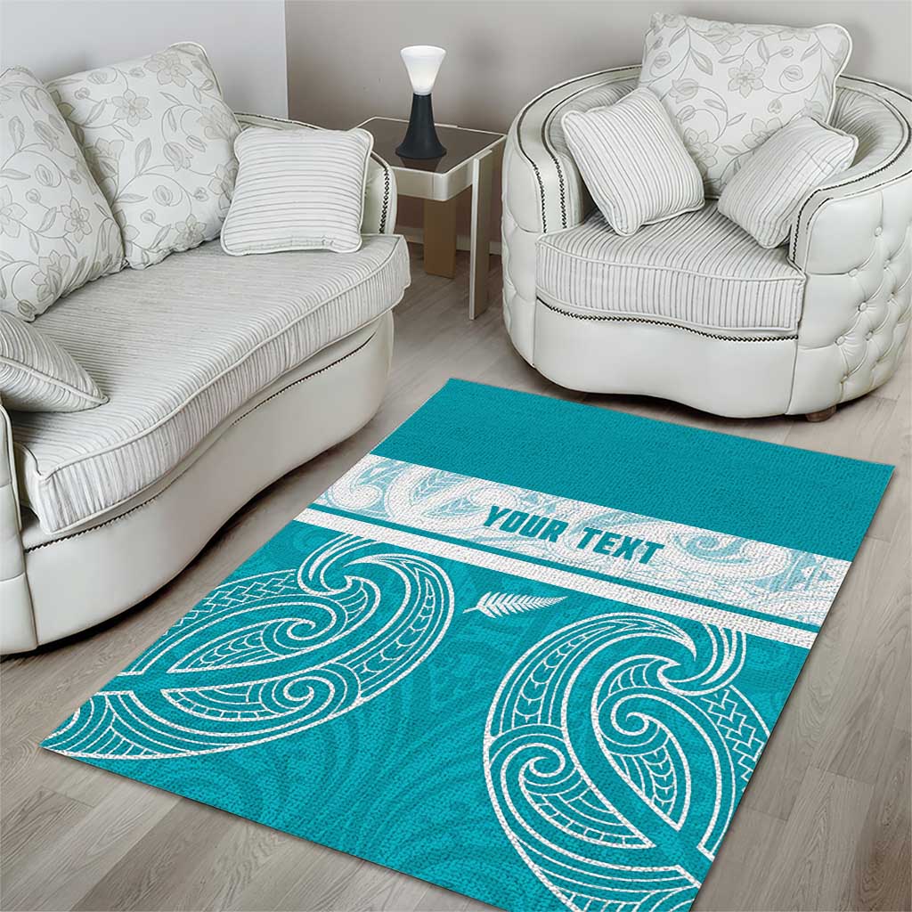 New Zealand Silver Fern Cricket Custom Area Rug Black Cap Teal Maori Pattern - Polynesian Pride
