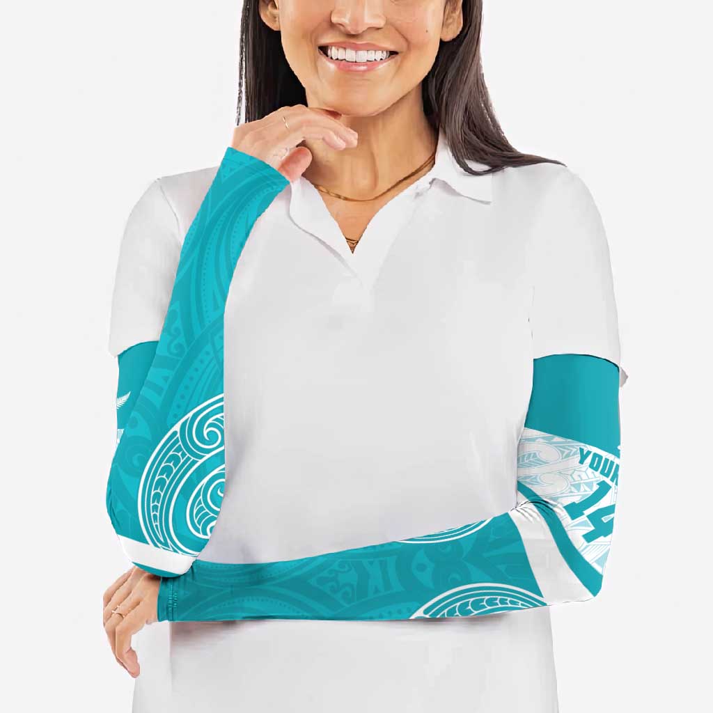 New Zealand Silver Fern Cricket Custom Arm Sleeves Black Cap Teal Maori Pattern - Polynesian Pride