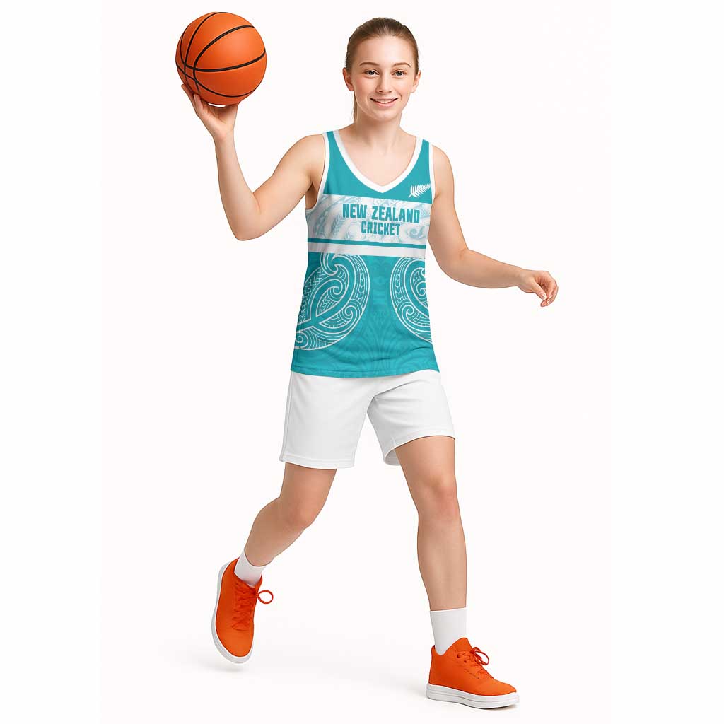 New Zealand Silver Fern Cricket Custom Basketball Jersey Black Cap Teal Maori Pattern - Polynesian Pride