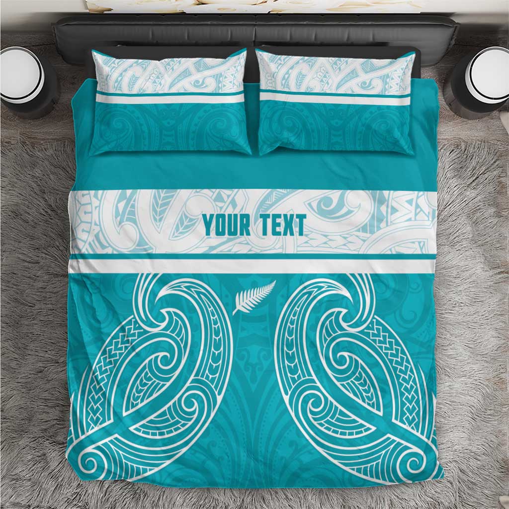 New Zealand Silver Fern Cricket Custom Bedding Set Black Cap Teal Maori Pattern - Polynesian Pride