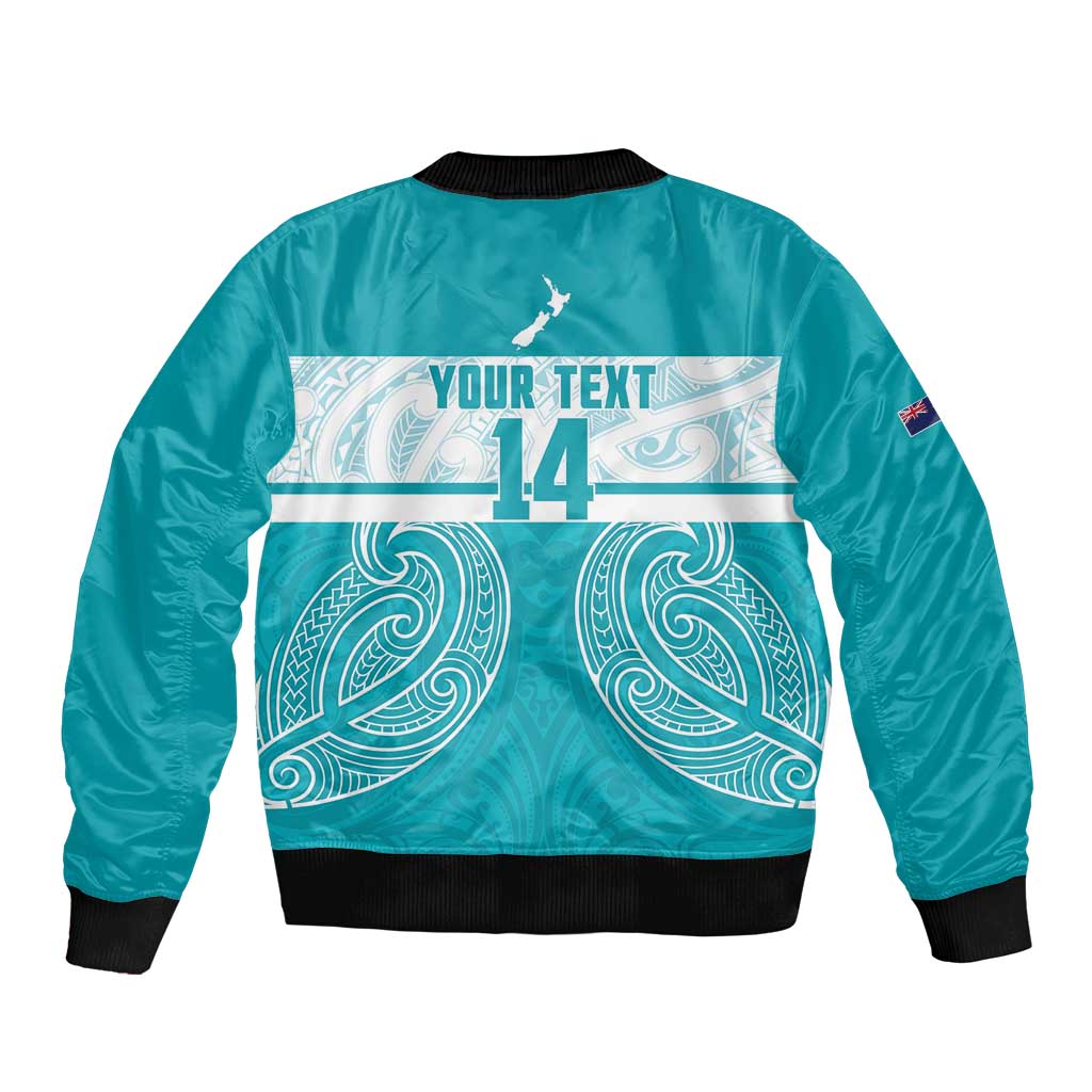 New Zealand Silver Fern Cricket Custom Bomber Jacket Black Cap Teal Maori Pattern - Polynesian Pride