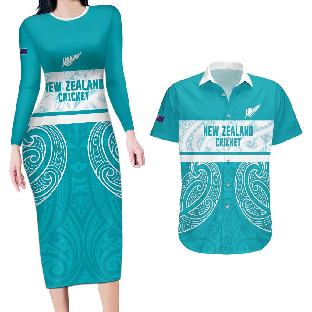 New Zealand Silver Fern Cricket Custom Couples Matching Long Sleeve Bodycon Dress and Hawaiian Shirt Black Cap Teal Maori Pattern LT14 Teal - Polynesian Pride