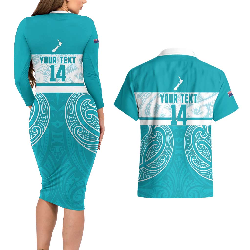 New Zealand Silver Fern Cricket Custom Couples Matching Long Sleeve Bodycon Dress and Hawaiian Shirt Black Cap Teal Maori Pattern LT14 - Polynesian Pride