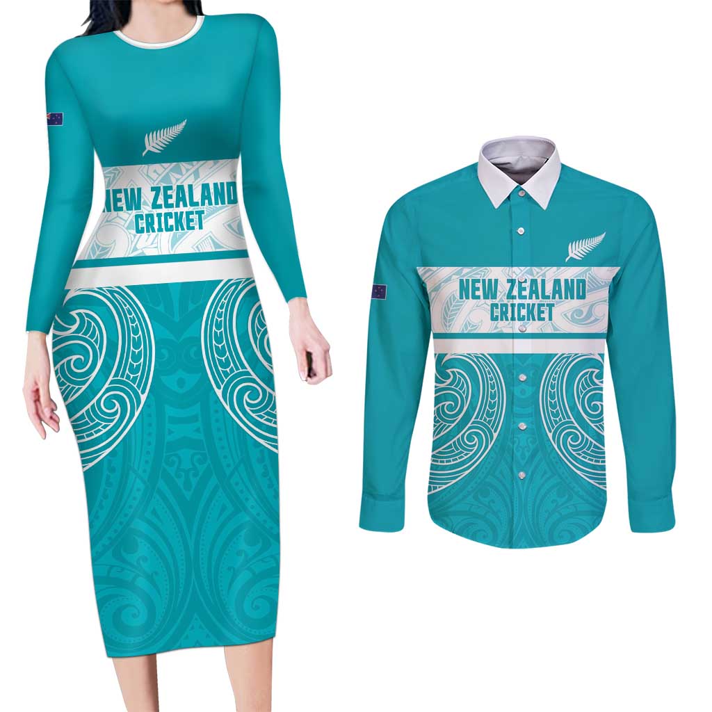New Zealand Silver Fern Cricket Custom Couples Matching Long Sleeve Bodycon Dress and Long Sleeve Button Shirt Black Cap Teal Maori Pattern LT14 Teal - Polynesian Pride