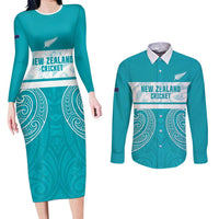 New Zealand Silver Fern Cricket Custom Couples Matching Long Sleeve Bodycon Dress and Long Sleeve Button Shirt Black Cap Teal Maori Pattern LT14 Teal - Polynesian Pride