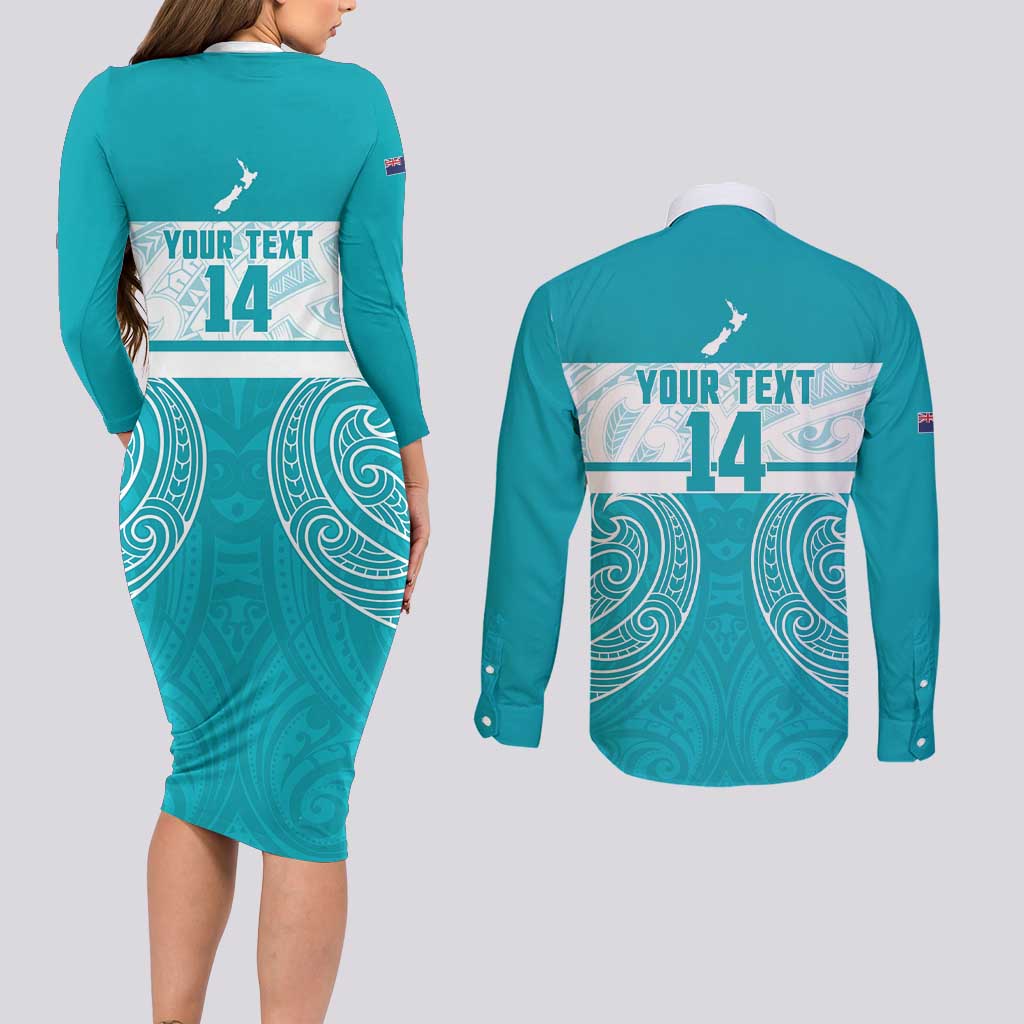 New Zealand Silver Fern Cricket Custom Couples Matching Long Sleeve Bodycon Dress and Long Sleeve Button Shirt Black Cap Teal Maori Pattern LT14 - Polynesian Pride
