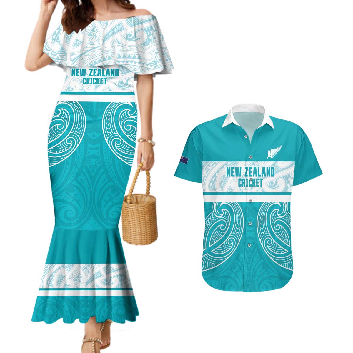 New Zealand Silver Fern Cricket Custom Couples Matching Mermaid Dress and Hawaiian Shirt Black Cap Teal Maori Pattern LT14 Teal - Polynesian Pride