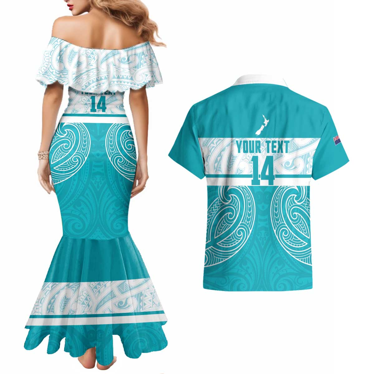 New Zealand Silver Fern Cricket Custom Couples Matching Mermaid Dress and Hawaiian Shirt Black Cap Teal Maori Pattern LT14 - Polynesian Pride