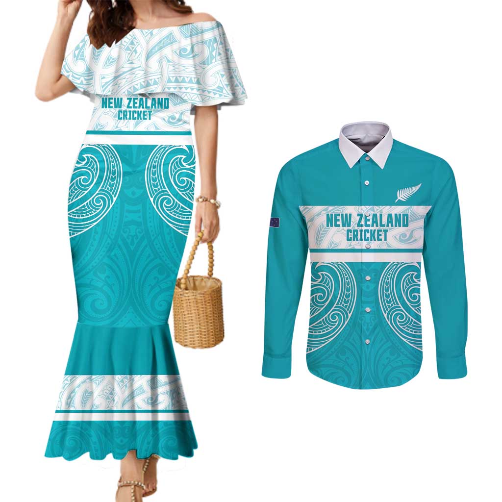 New Zealand Silver Fern Cricket Custom Couples Matching Mermaid Dress and Long Sleeve Button Shirt Black Cap Teal Maori Pattern LT14 Teal - Polynesian Pride