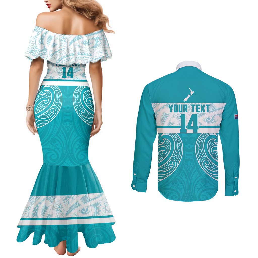 New Zealand Silver Fern Cricket Custom Couples Matching Mermaid Dress and Long Sleeve Button Shirt Black Cap Teal Maori Pattern LT14 - Polynesian Pride