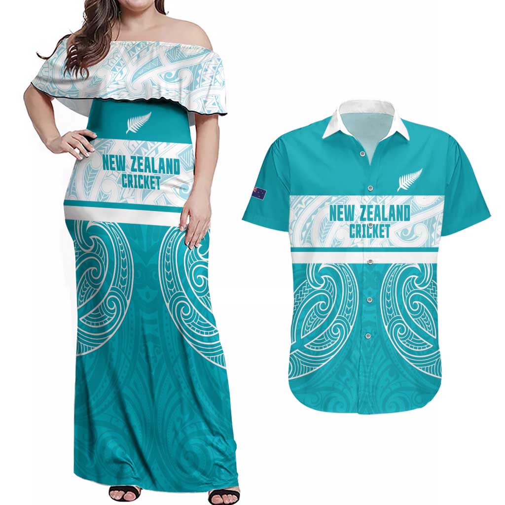 New Zealand Silver Fern Cricket Custom Couples Matching Off Shoulder Maxi Dress and Hawaiian Shirt Black Cap Teal Maori Pattern - Polynesian Pride