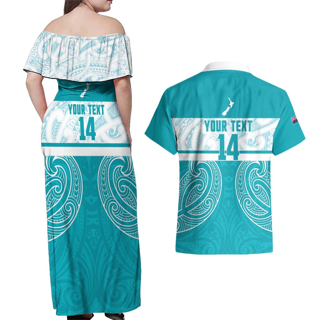 New Zealand Silver Fern Cricket Custom Couples Matching Off Shoulder Maxi Dress and Hawaiian Shirt Black Cap Teal Maori Pattern LT14 - Polynesian Pride