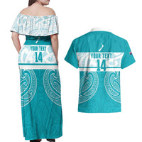 New Zealand Silver Fern Cricket Custom Couples Matching Off Shoulder Maxi Dress and Hawaiian Shirt Black Cap Teal Maori Pattern LT14 - Polynesian Pride